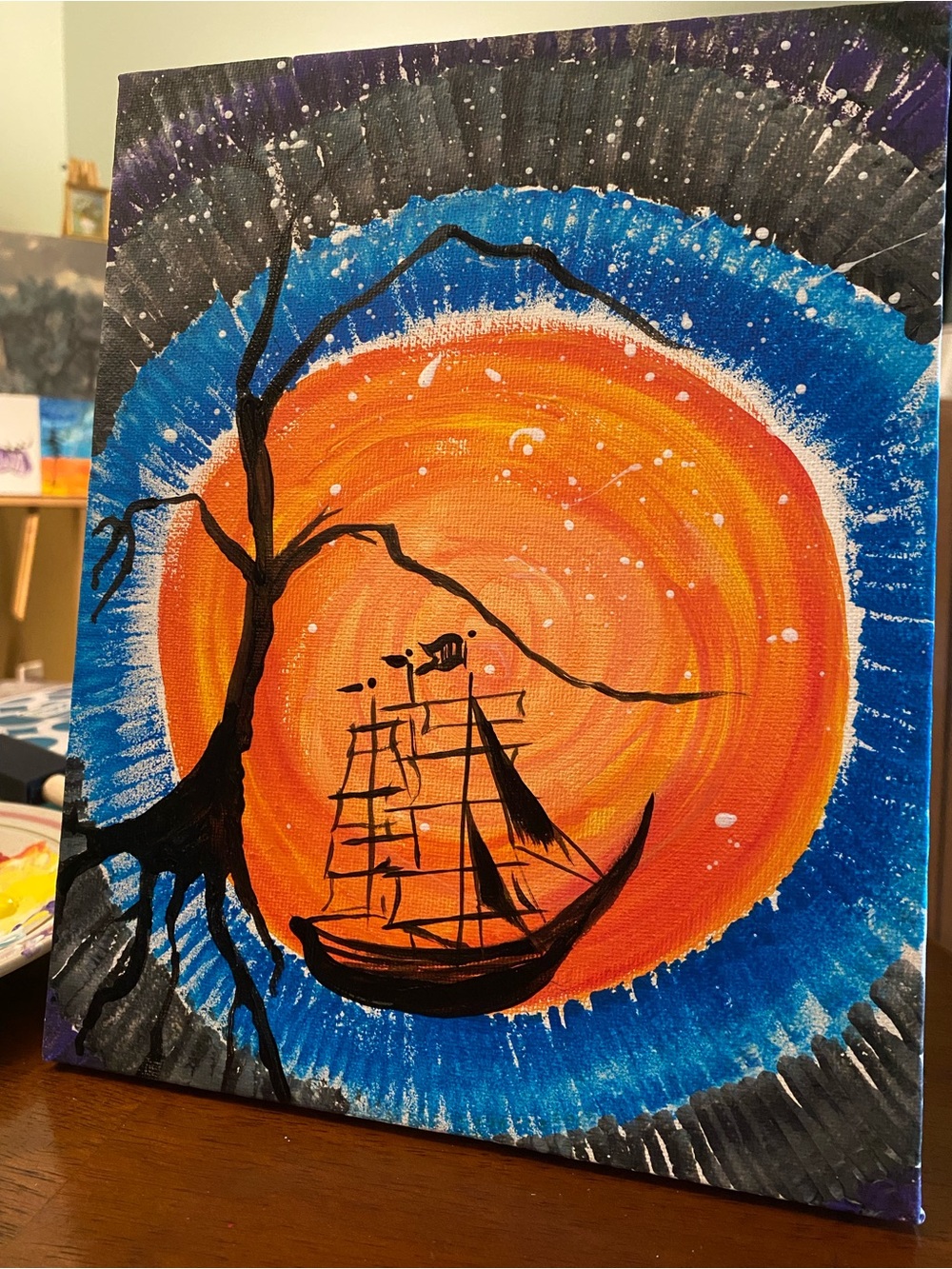 🧡 💙 🖤 Hand-Painted Orange and Blue Nautical Art Canvas -  @heatherellio825
